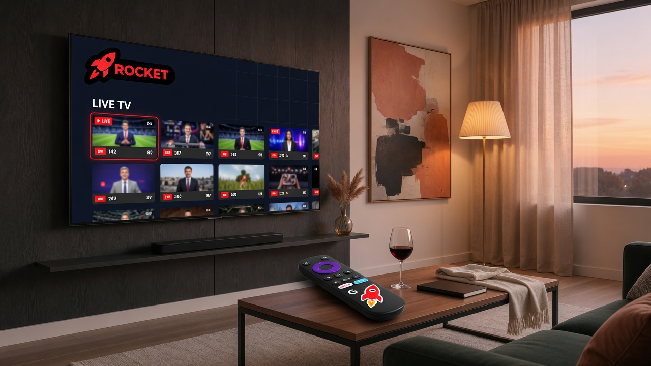 Modern living room TV showing a dark IPTV-style player interface
